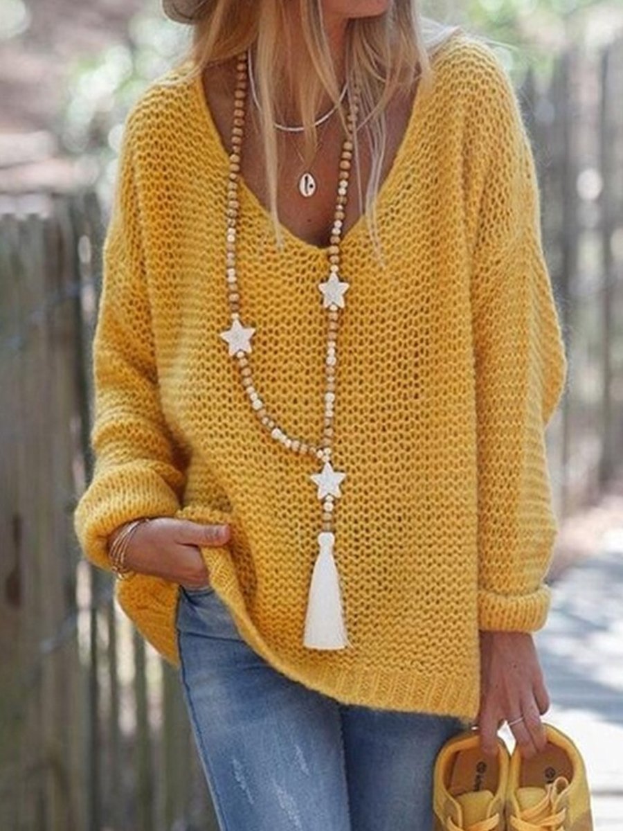 Solid color V-neck knitted loose sweater