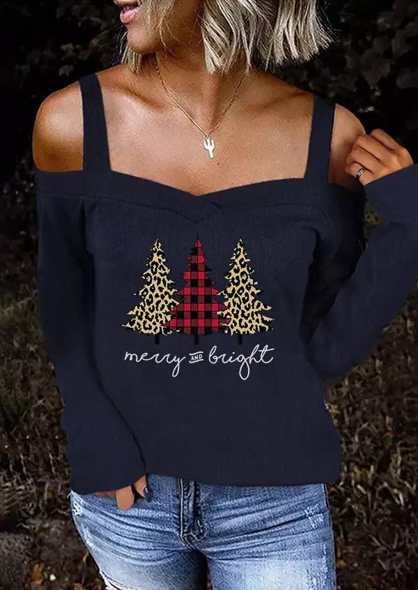 Merry And Bright Christmas Tree Cold Shoulder Sweater