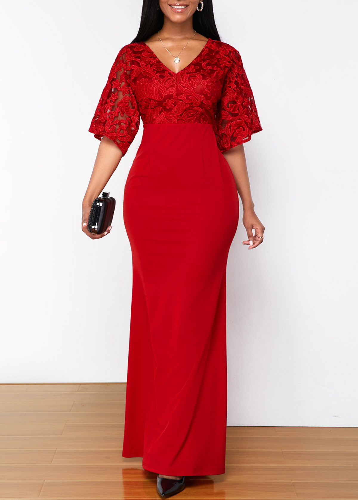 Solid Lace Patchwork 3/4 Sleeve V Neck Dress
