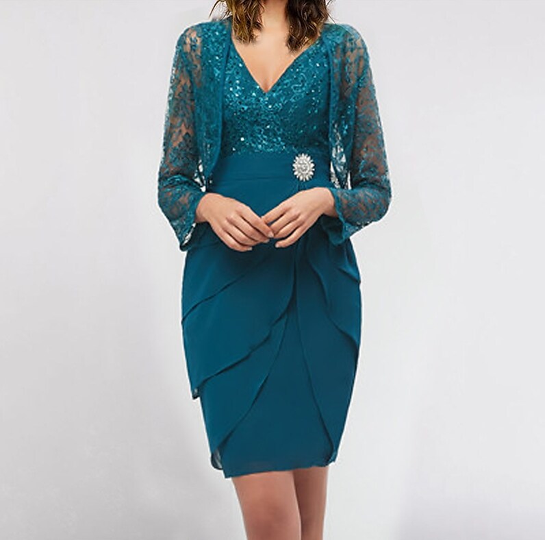 V Neck Lace Glitter Formal Evening Dress With Jacket