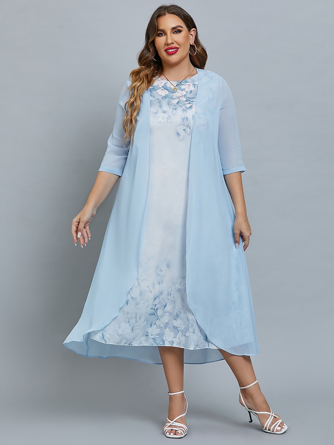 Women's Plus Size Curve Two Piece Dress Floral Round Neck Print 3/4 Length Sleeve Spring Summer Casual Knee Length Dress Causal Daily Dress