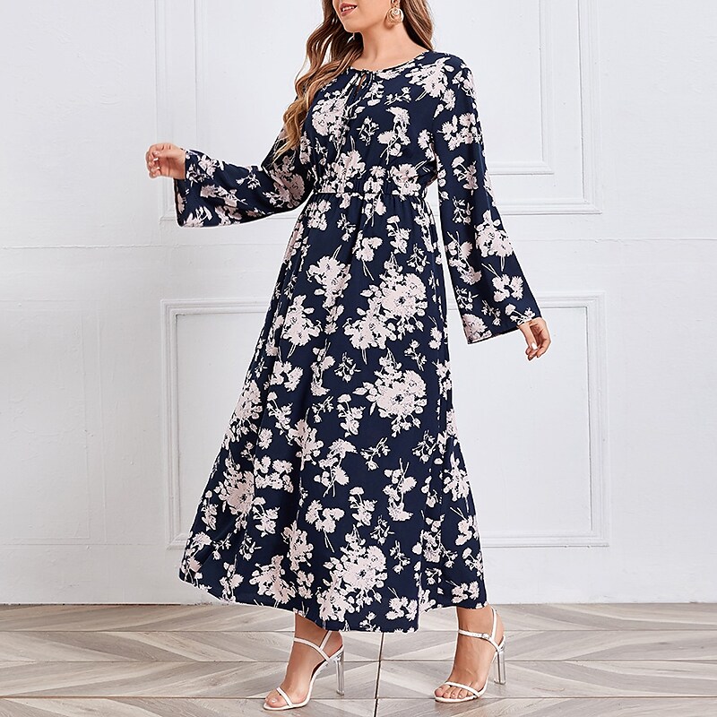 Women's Plus Size A Line Dress Floral Crew Neck Long Sleeve Fall Winter Stylish Casual Maxi long Dress Daily Vacation Dress