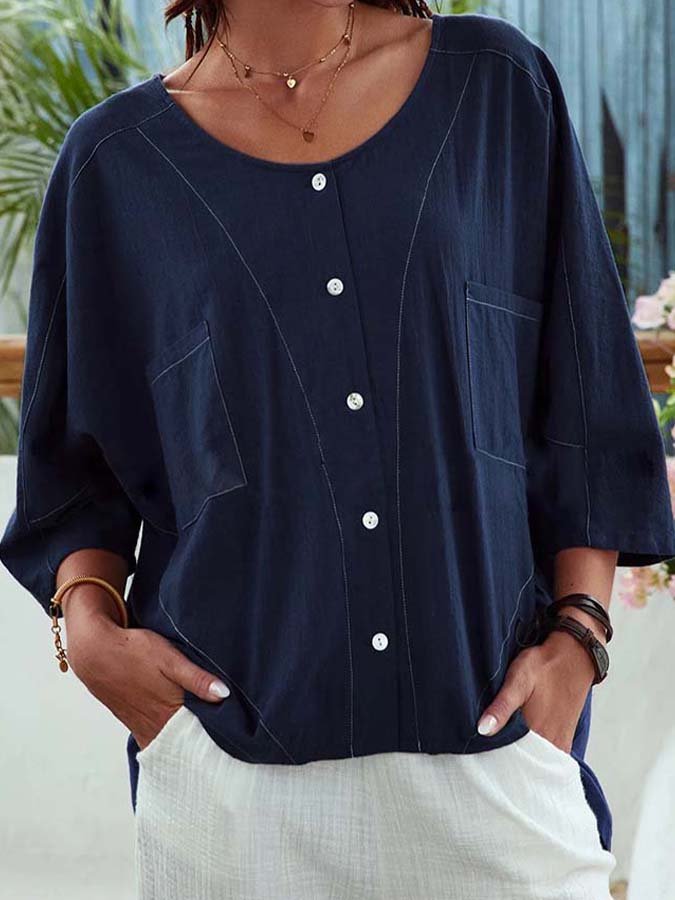 Women's Linen 3/4 Sleeve Crew Neck Button Down Shirt
