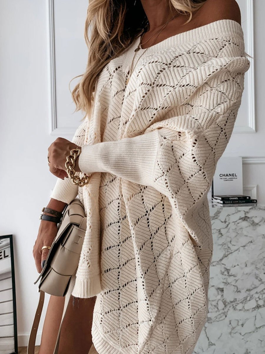 V-neck hollow bat sleeve loose knit sweater