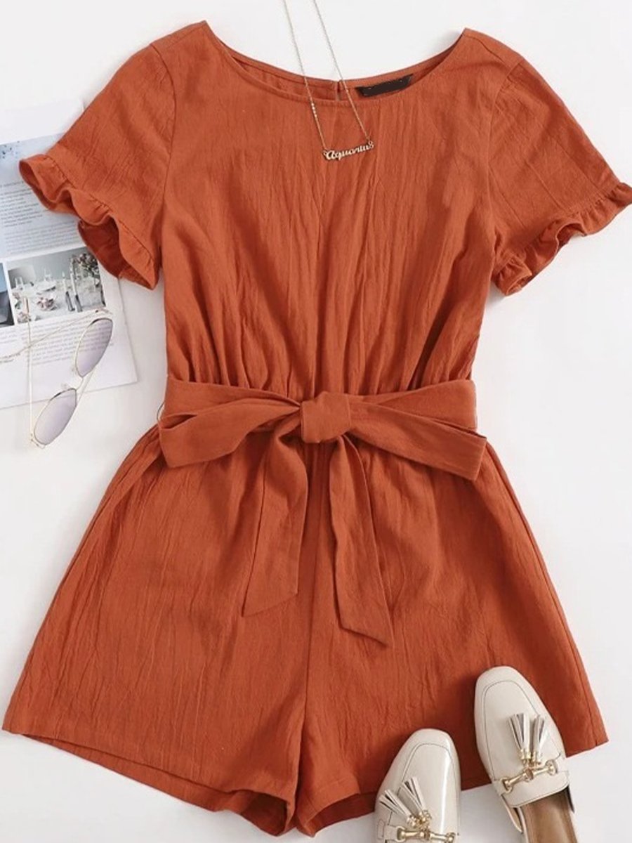Women's Solid Color Pleated Waist Tie Backless Cotton Linen Jumpsuit