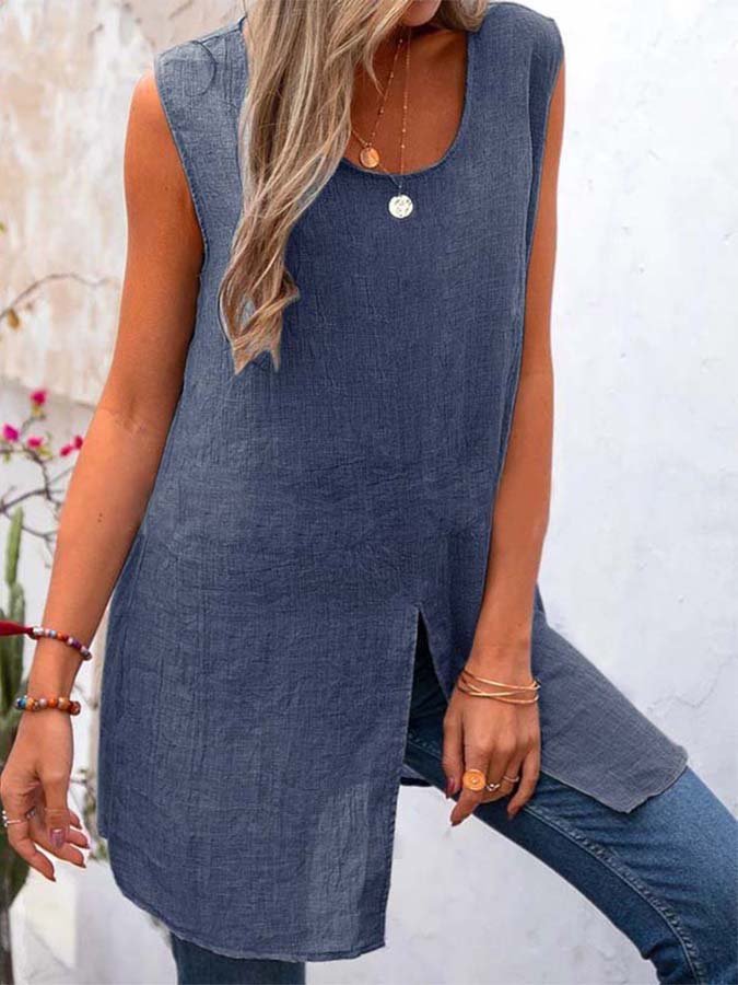 Women's Cotton Linen Slit Sleeveless Top