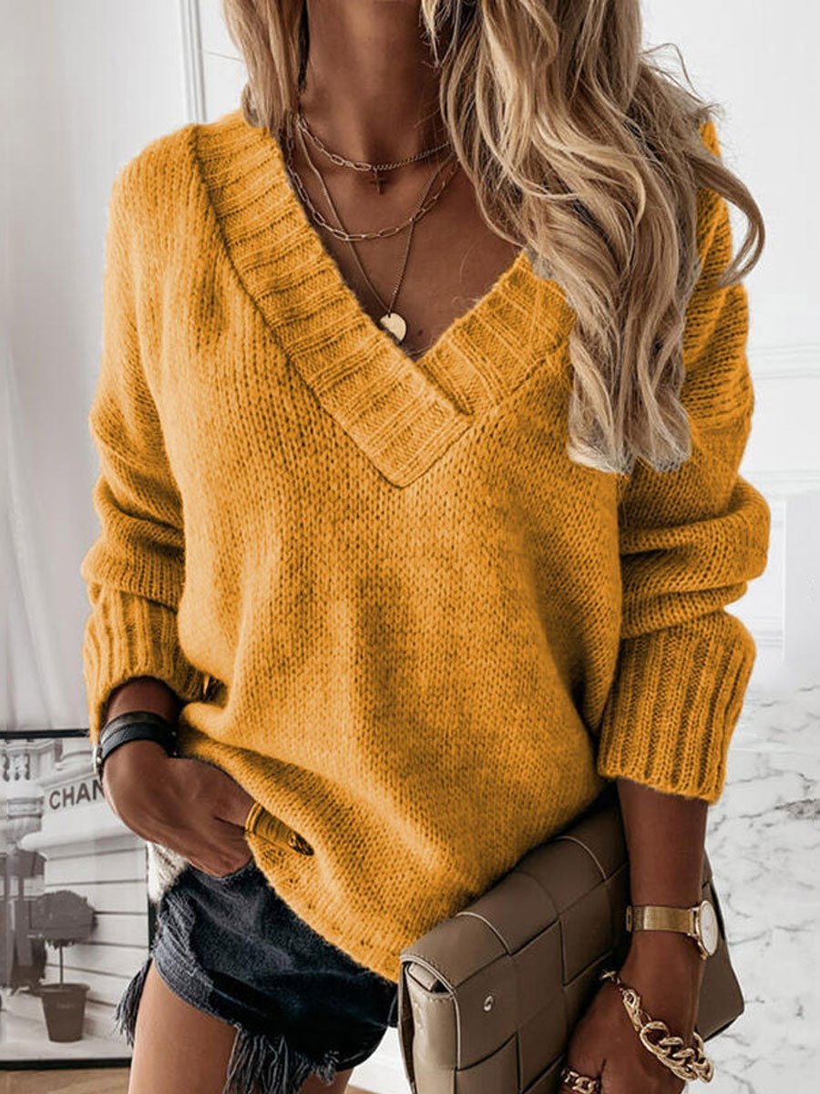 V-neck loose solid color sweater