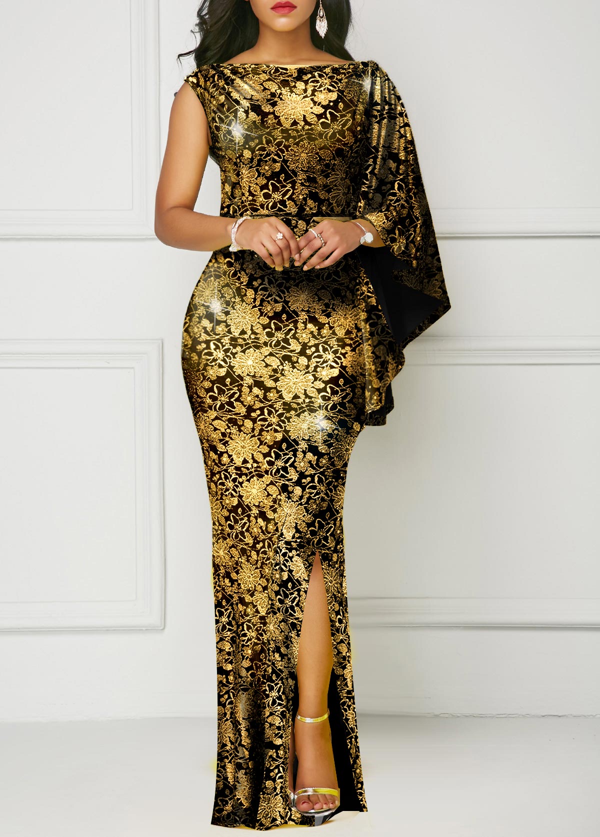 Floral Print Hot Stamping Golden Side Slit Dress