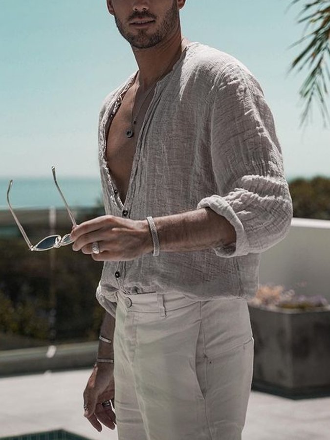 Loose Cotton Linen Stand Collar Long Sleeved Shirt