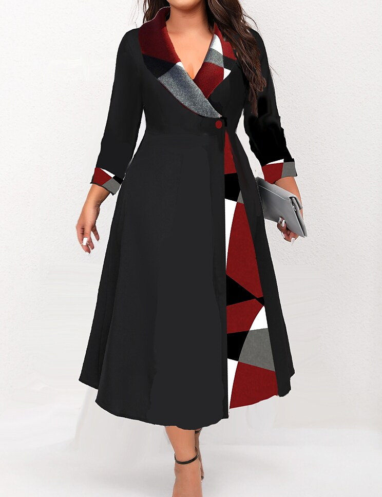 Women's Plus Size A Line Dress Graphic Shirt Collar Long Sleeve Fall Winter Stylish Formal Midi Dress Date Work Dress