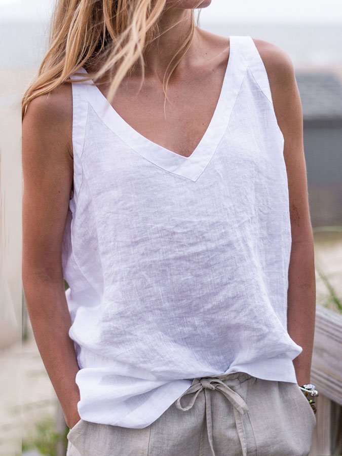 Casual Solid Color V Neck Cotton And Linen Vest