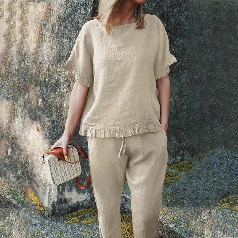 Cotton and linen short sleeve top + trousers loose fitting suit