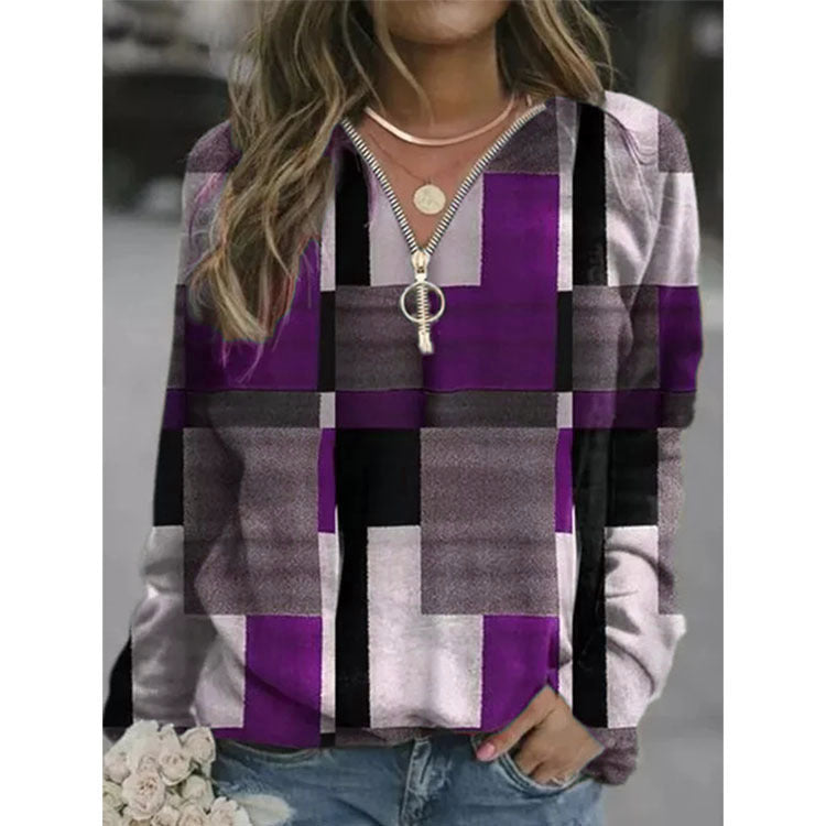 Women's Plaid Zip Long Sleeve Top Sweater