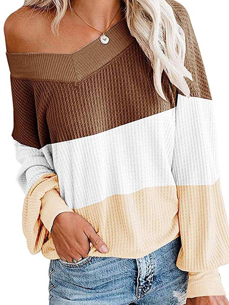 V-neck Bat Sleeve Three Color Patchwork Loose Sweater