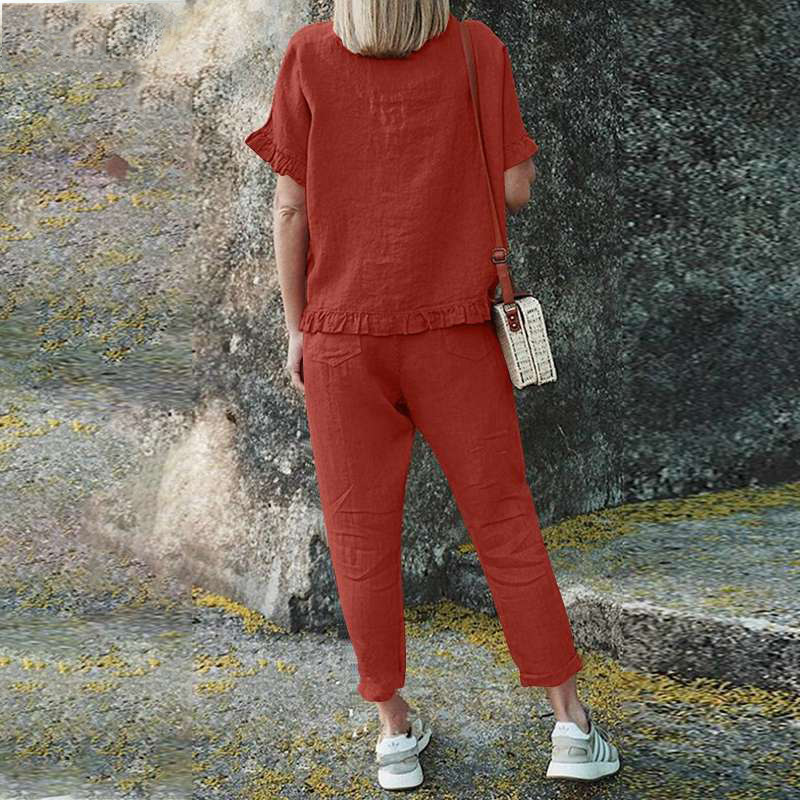 Cotton and linen short sleeve top + trousers loose fitting suit