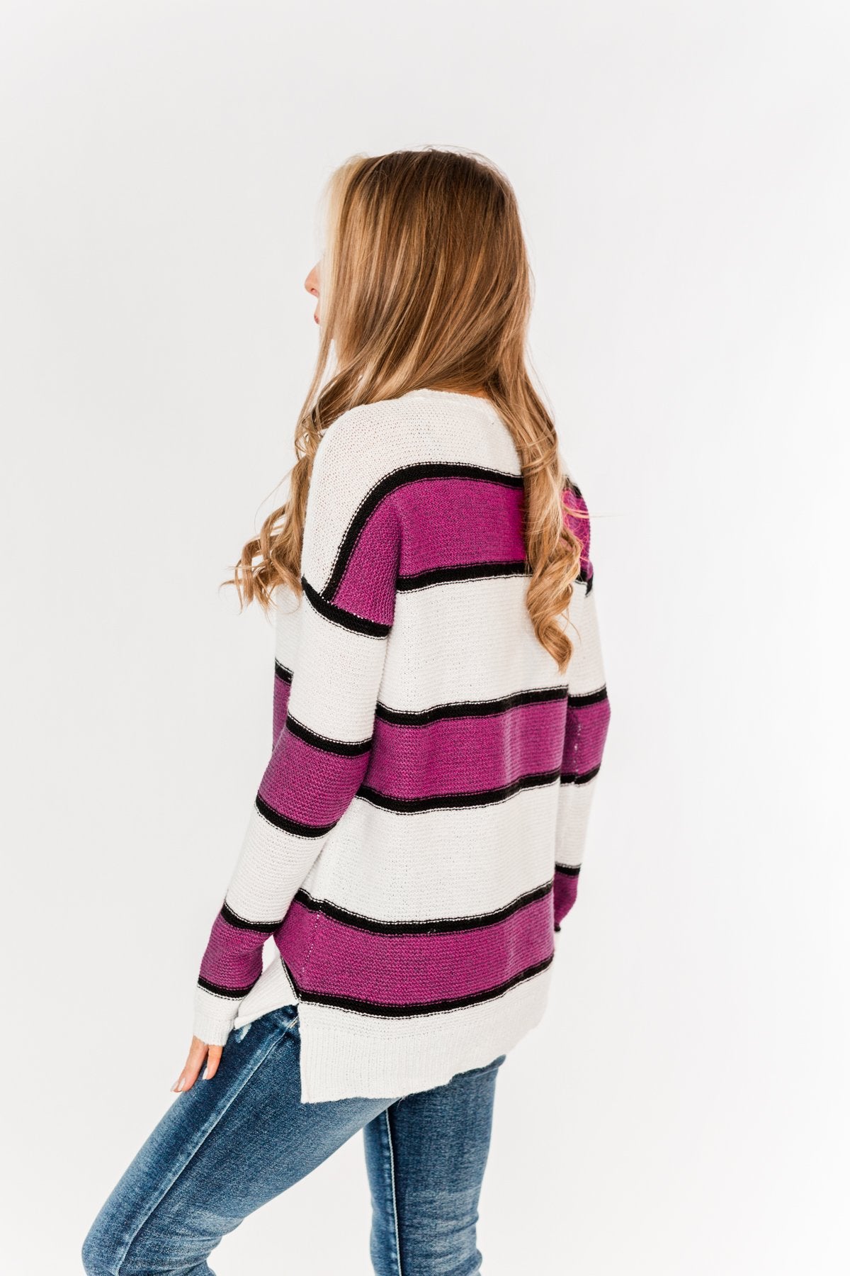 Oh So Soft Striped Knit Sweater- Magenta