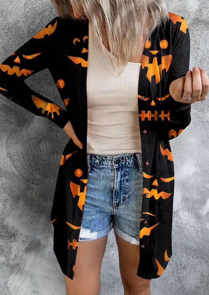 Halloween Pumpkin Face Button Cardigan - Black