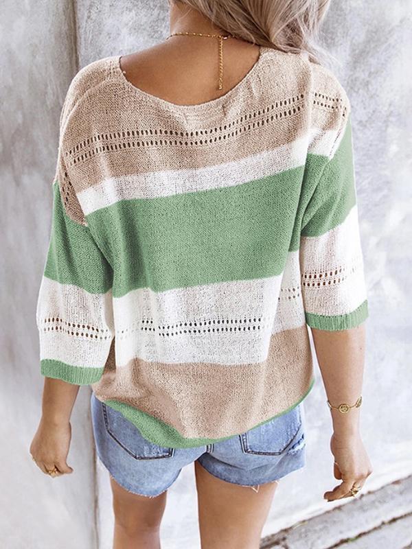 Striped Color Block Hollow Long Sleeved Sweater
