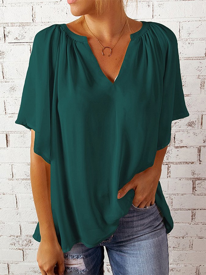 Women's Pure Color Gathered V-Neck Ruffle Sleeve Chiffon Shirt