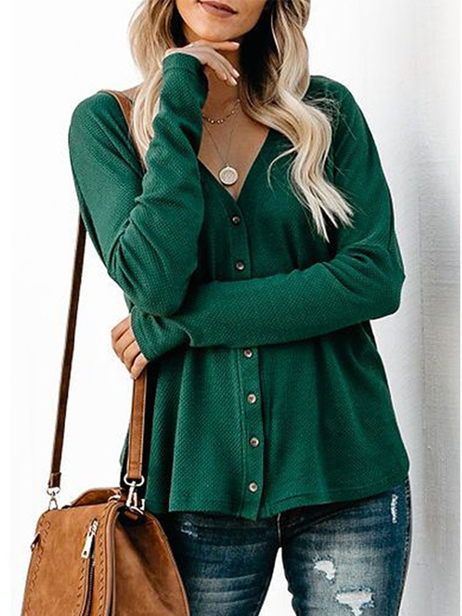 V-Neck Solid Color Single-Breasted Knot Knitted Long Sleeves Cardigan