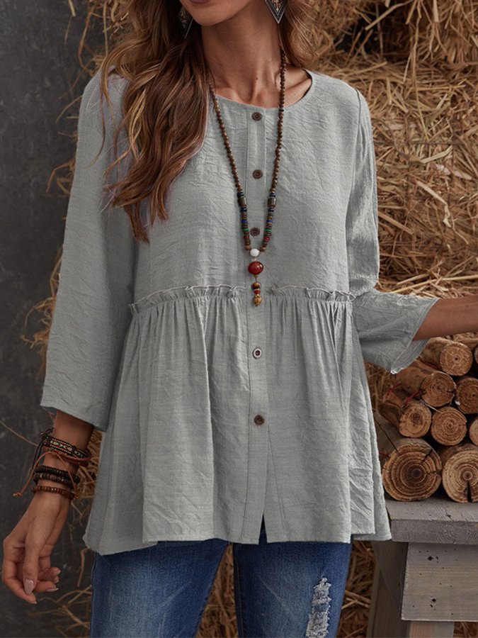 Ladies Cotton Linen Casual Round Neck Shirt