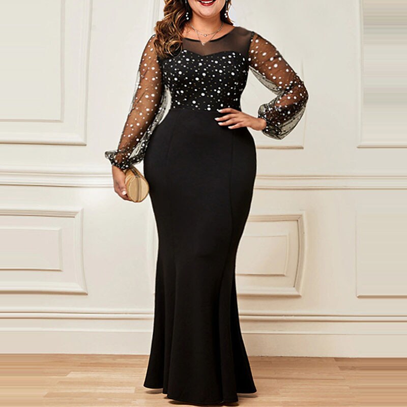 Women's Plus Size Party Dress Polka Dot Crew Neck Long Sleeve Winter Fall Elegant Formal Mature Maxi long Dress Party Evening Party Dress