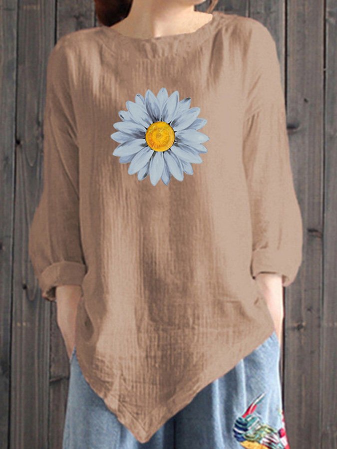 Ladies Cotton Linen Daisy Print Casual Irregular Hem Shirt