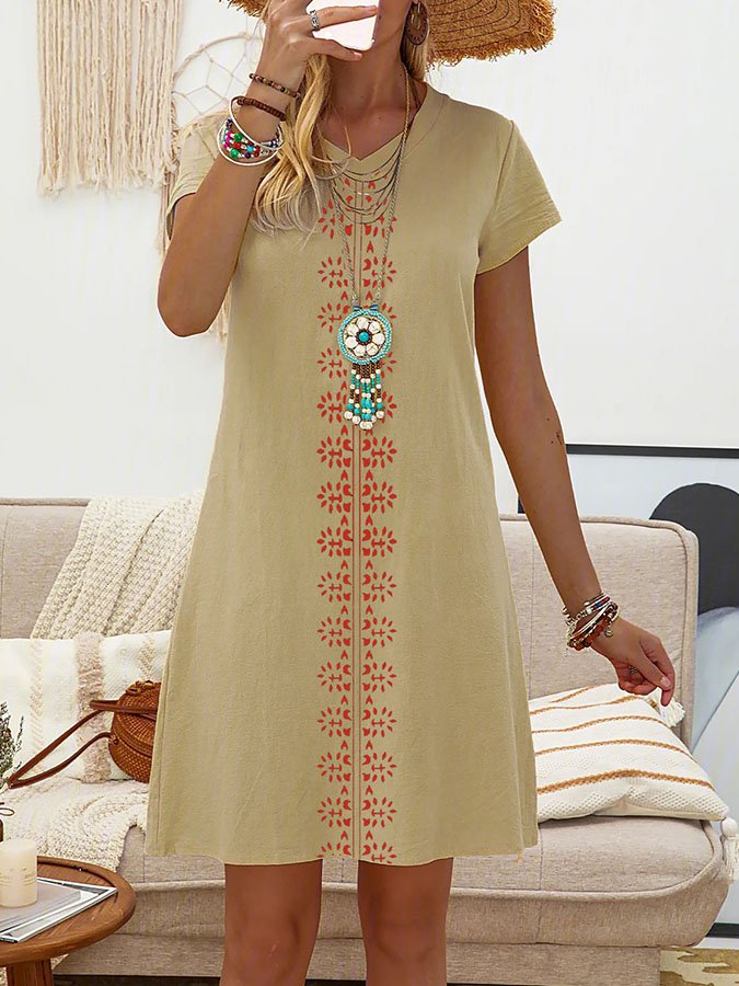 Printed Cotton And Linen V-Neck Dress