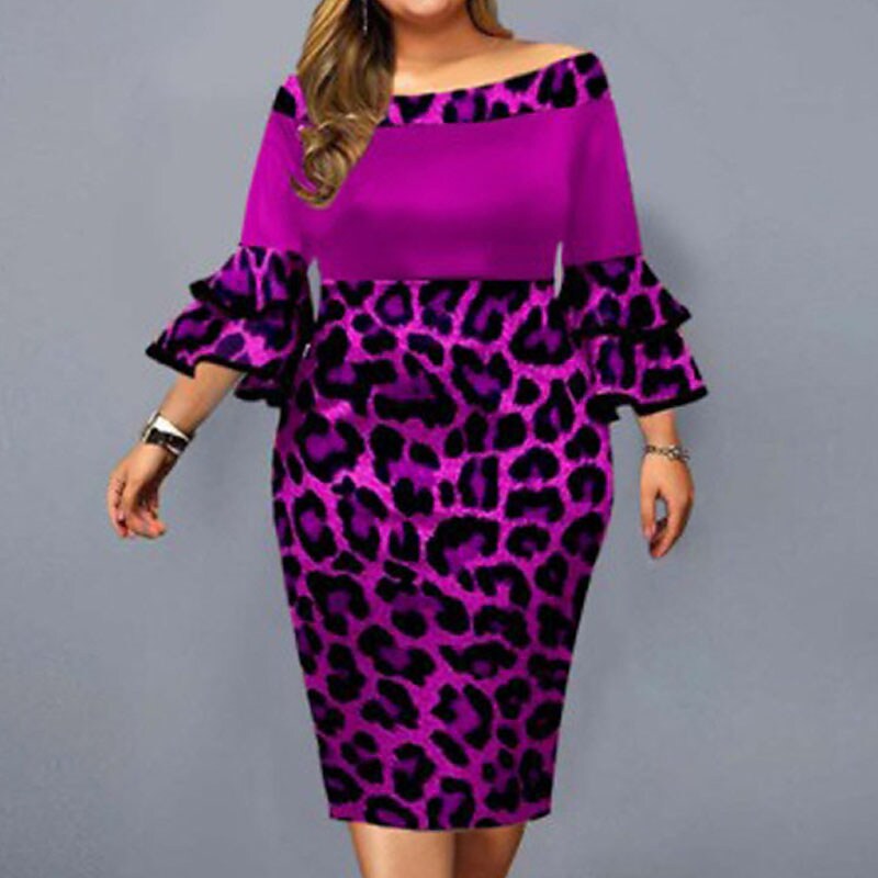 Women's Plus Size Work Dress Leopard Off Shoulder Ruffle 3/4 Length Sleeve Spring Fall Work Knee Length Dress Daily Vacation Dress / Print