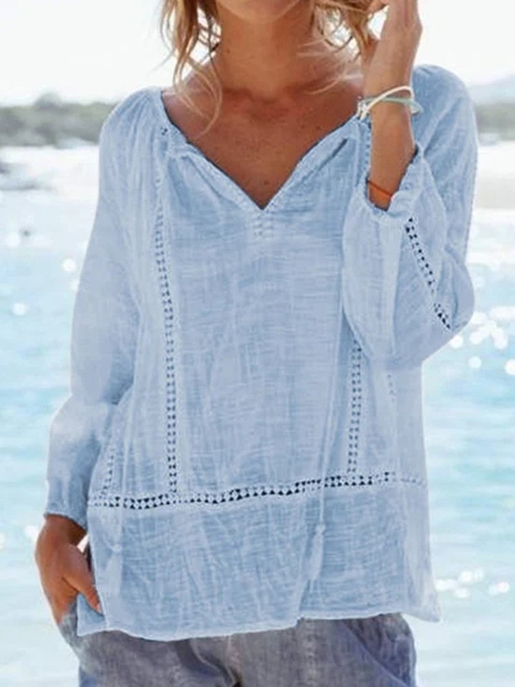 Solid Color Long Sleeve V-Neck Casual Shirt