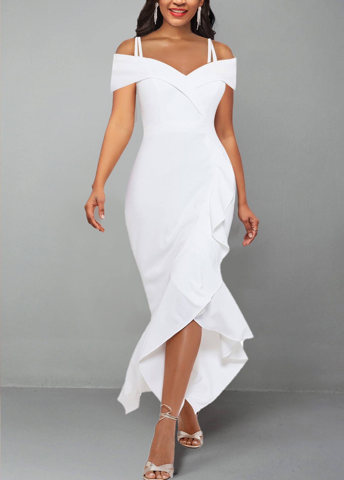 Strappy Cold Shoulder White Short Sleeve Dress