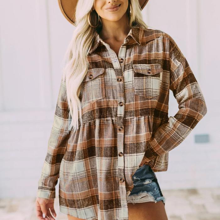 Fashion plaid print buttons collar women shirt