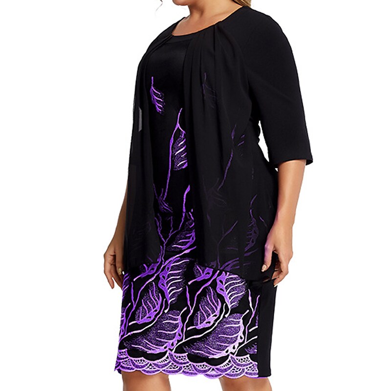 Women's Plus Size Fake Two-Piece Dress Crew Neck Half Sleeve Dress