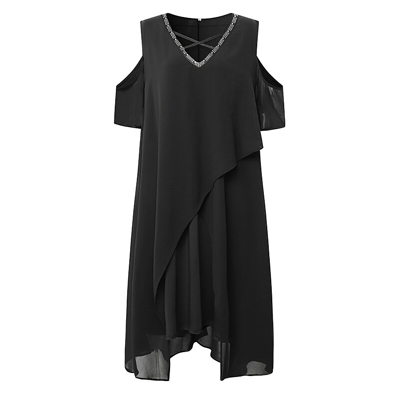 Women's Plus Size Holiday Dress Solid Color V Neck Ruched Short Sleeve Fall Spring Basic Casual Sexy Midi Dress Daily Weekend Dress / Cotton / Mesh