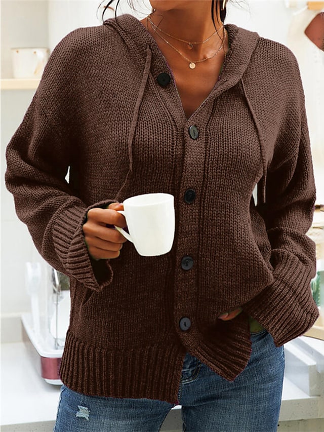 Women's Sweater Cardigan Jumper Knit Knitted Solid Color Hooded Stylish Home Going out Fall Winter Regular Fit