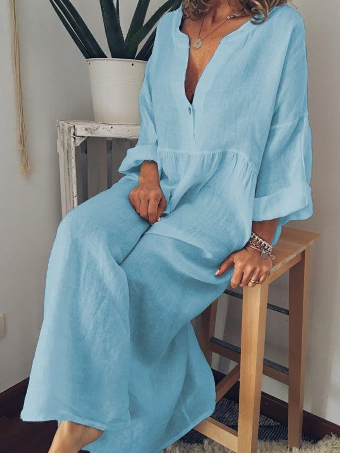Cotton Linen V-Neck Dress