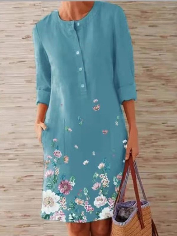 Women's Printed Crew Neck Mid Waist Dress