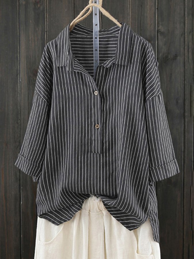 Women's Cotton Linen Striped Loose Casual Shirt