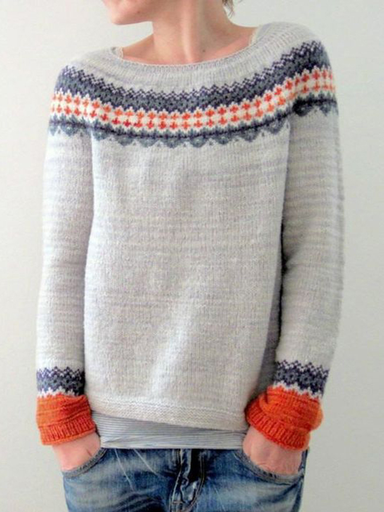 Vintage Crew Neck Ethnic Woven Contrast Sweater