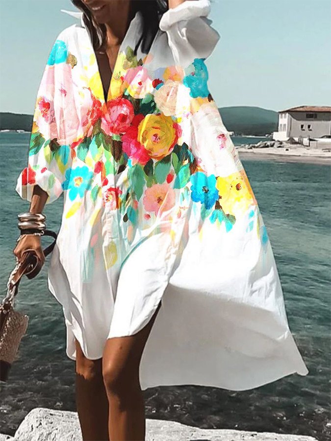 Women's Casual Floral Long V-neck Shift Dress