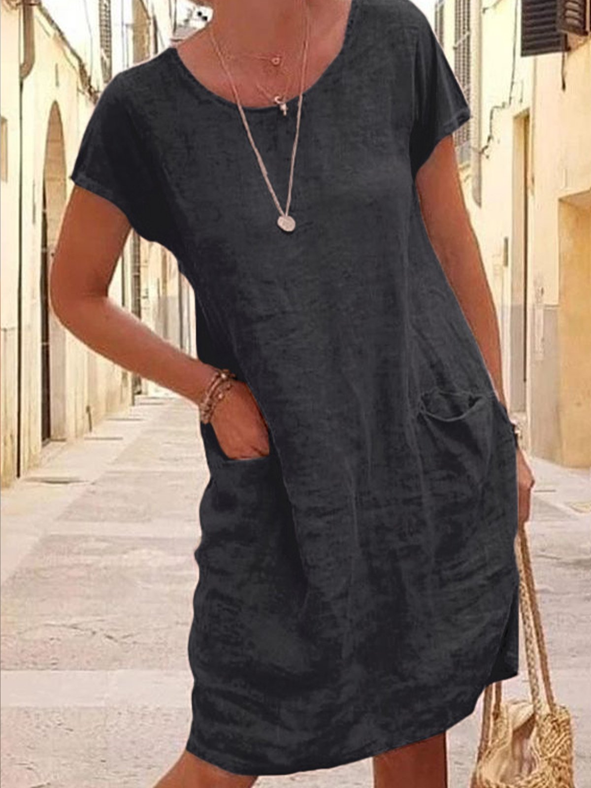 Women's Loose Round Neck Cotton Short Dress