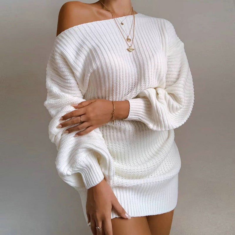 Women's Solid Off-the-shoulder Balloon-sleeve Knitted Sweater Dress