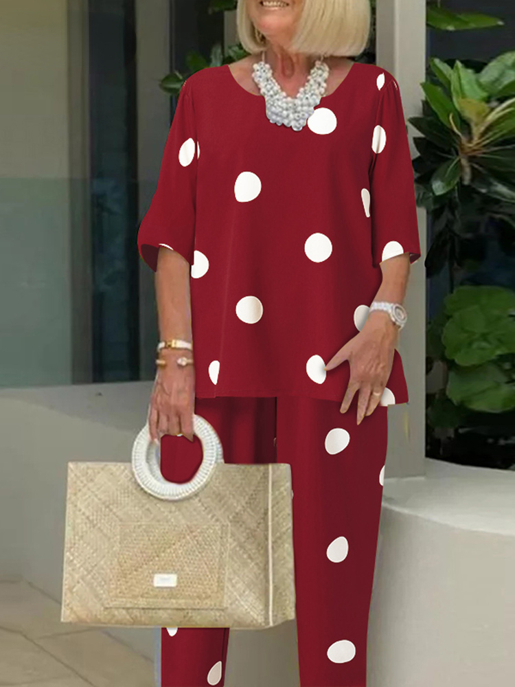 Polka dot top and pants two-piece set
