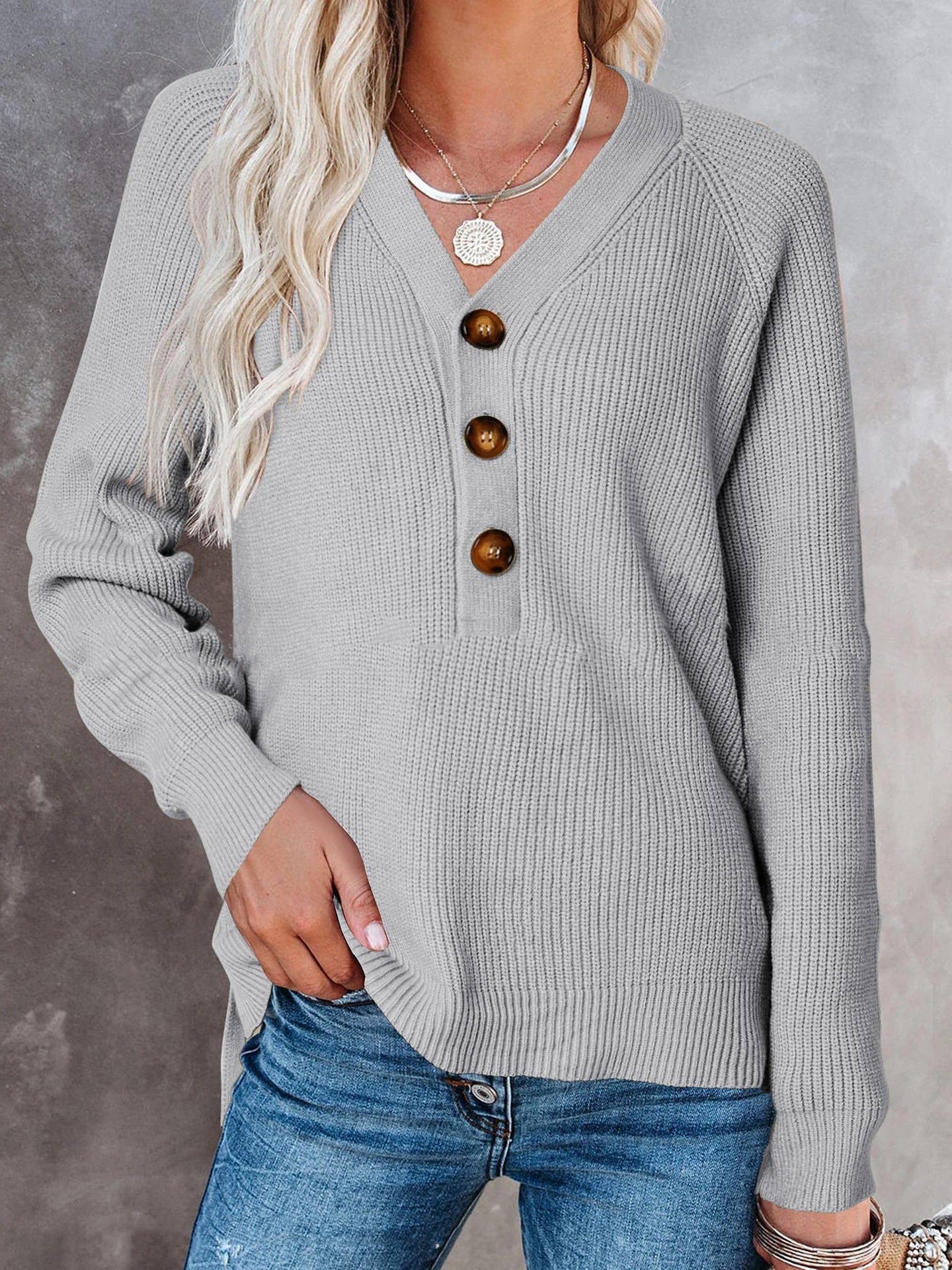 Women's Solid Long Sleeve Button Sweater