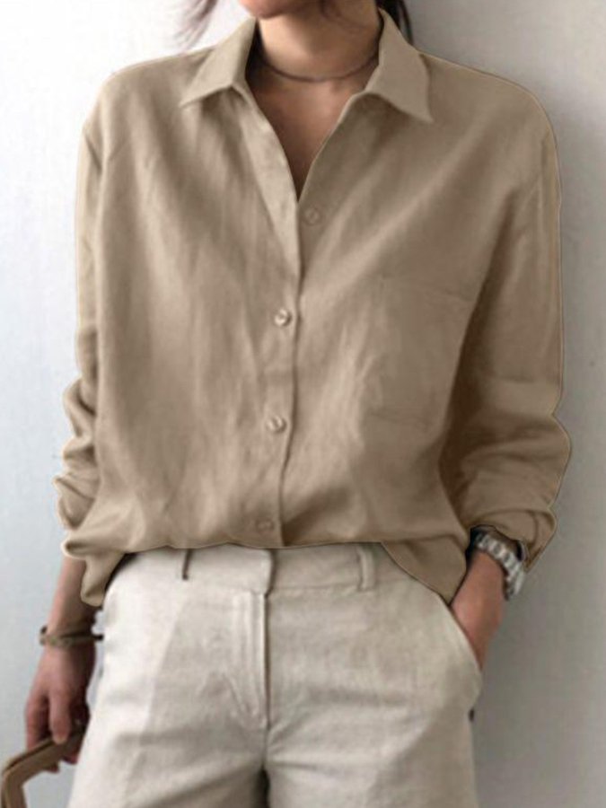 Women's Cotton Linen Solid Color Fashion Commuter Casual Shirt