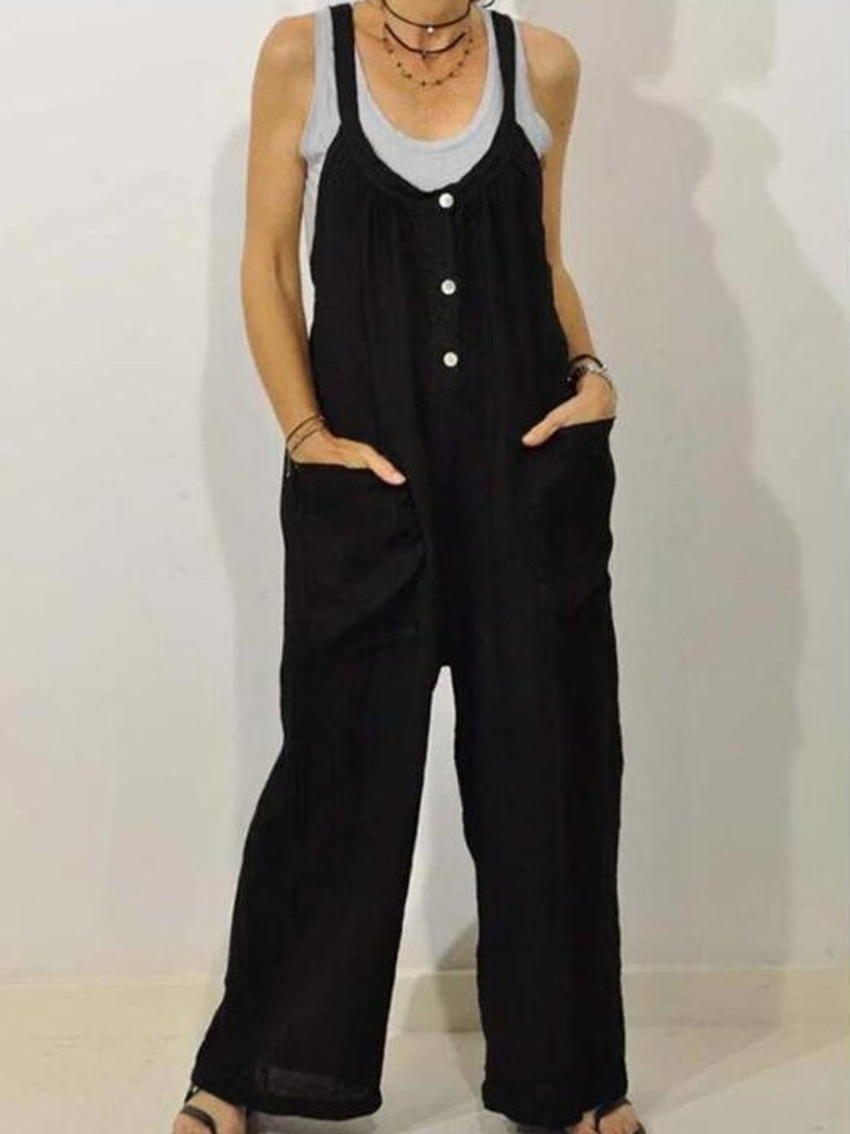 Women's Casual Pure Color Shirring Wide Leg Jumpsuit