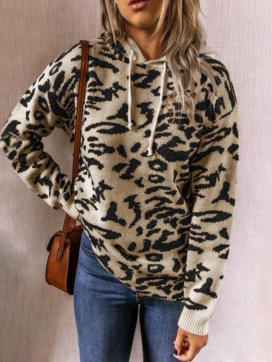 Leopard print drawstring hooded knitted sweater
