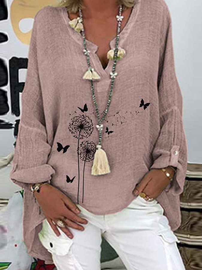 Ladies Cotton Linen V-Neck Plus Size Printed Shirt