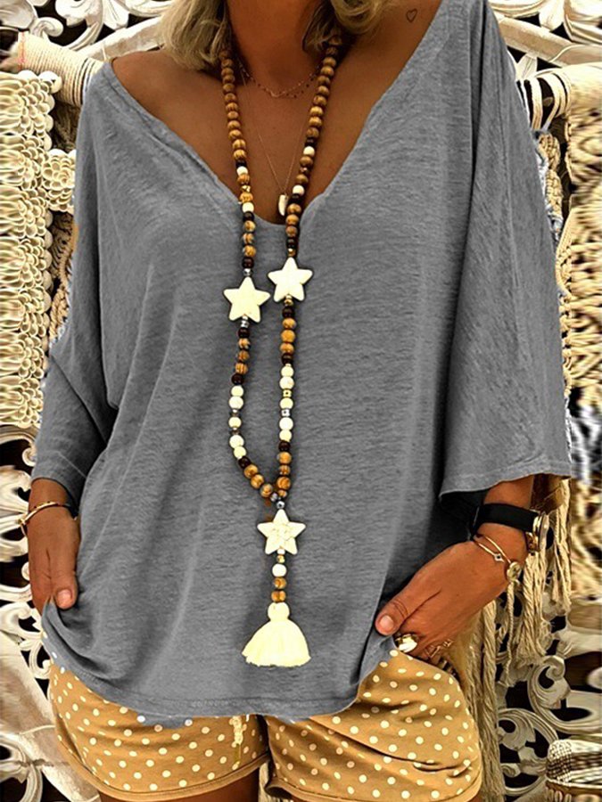 Women's Casual Solid Color Deep V Batwing Sleeve T-Shirt