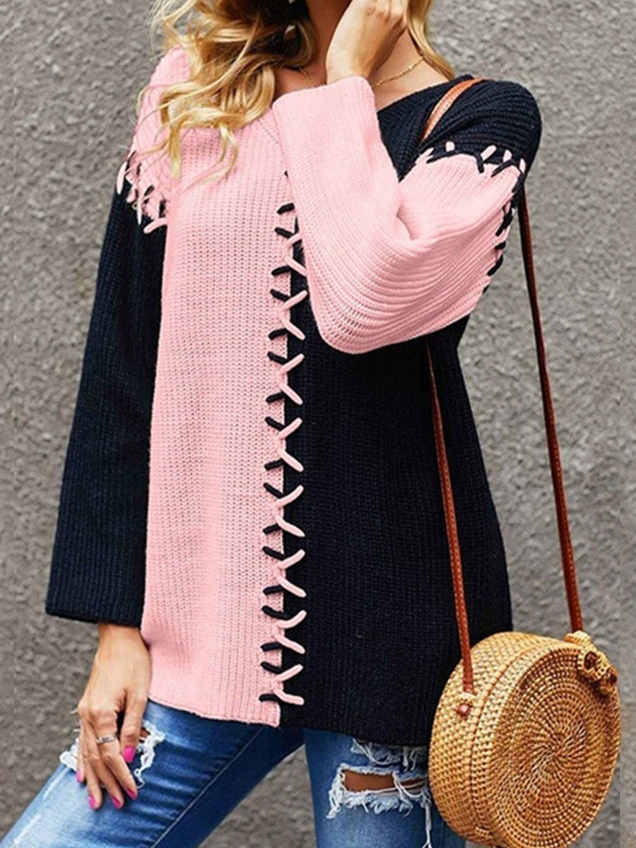Contrast patch panel long-sleeved knitted sweater